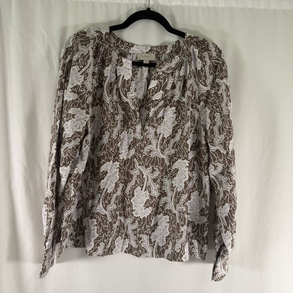 LOFT Blouse Women's Medium White Brown Floral Vneck Long Sleeve Lightweight